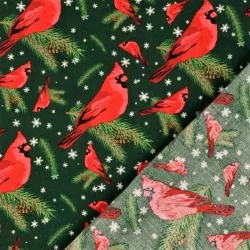 Fabric Cotton Christmas Bird Robin green background | Wolf Fabrics