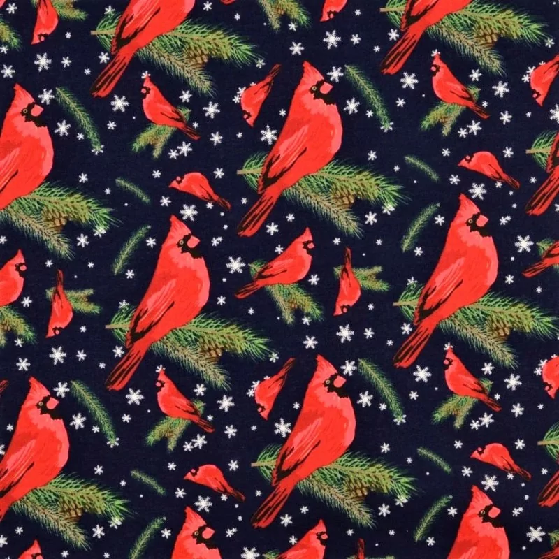 Fabric Cotton Christmas Bird Robin navy blue background | Wolf Fabrics