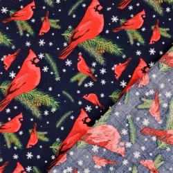 Tecido de Algodão Pássaro de Natal Vermelho-Gorge fundo azul marinho | Tissus Loup