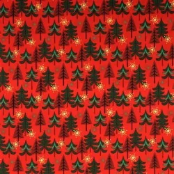 Tissu Coton Sapins de Noël et Flocons de Neige Dorés Fond Rouge | Tissus Loup