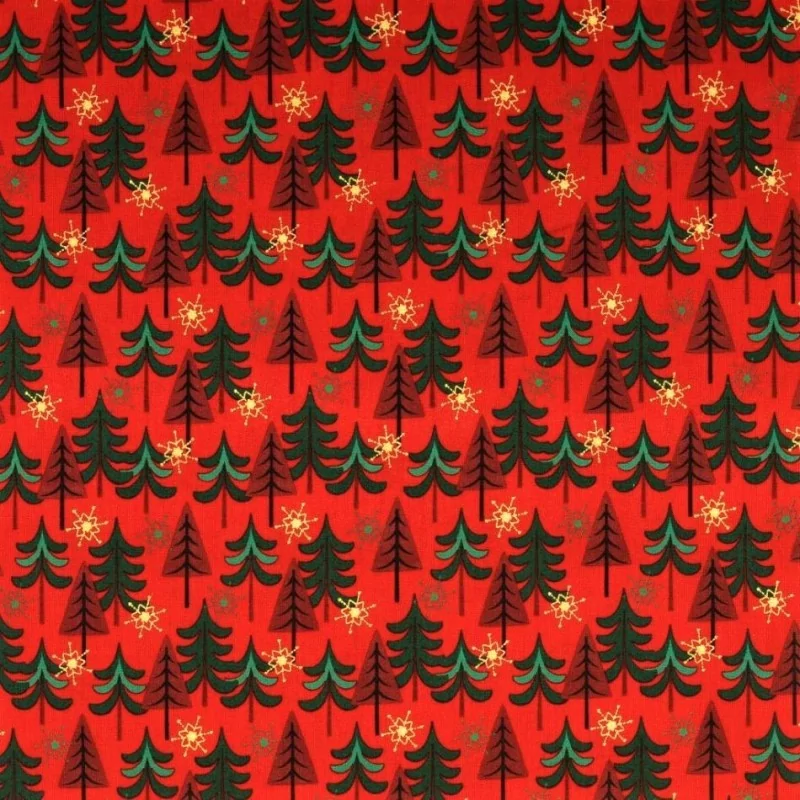 Fabric Cotton Christmas trees and golden snowflakes Red Background | Wolf Fabrics