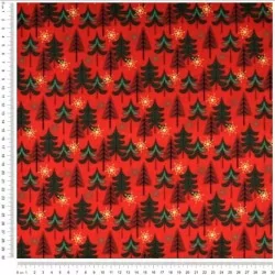 Tissu Coton Sapins de Noël et Flocons de Neige Dorés Fond Rouge | Tissus Loup