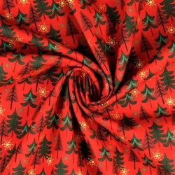 Tissu Coton Sapins de Noël et Flocons de Neige Dorés Fond Rouge | Tissus Loup
