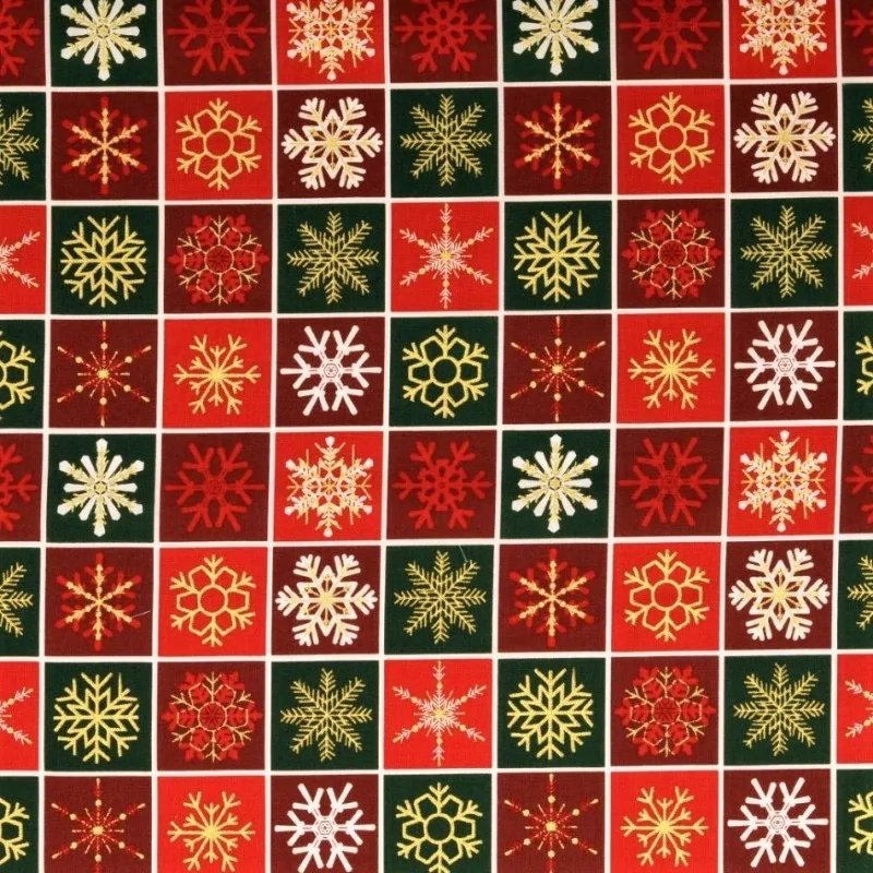 Tessuto Patchwork di Cotone con Fiocchi di Neve Dorati su Sfondo Rosso | Tissus Loup