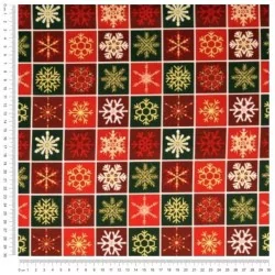 Tessuto Patchwork di Cotone con Fiocchi di Neve Dorati su Sfondo Rosso | Tissus Loup