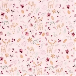Tessuto di Cotone Rennes di Natale Dorati su Fondo Rosa | Tissus Loup