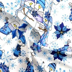 Katoenen Stof Sneeuwpop met blauwe muts | Wolf Stoffen