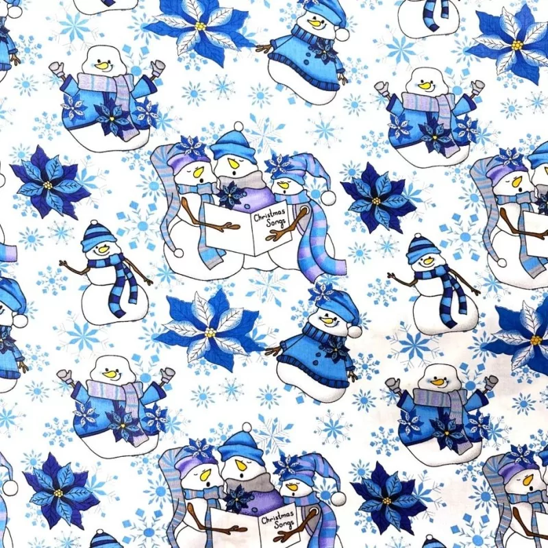 Tecido de Algodão Boneco de Neve com gorro azul | Tissus Loup