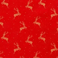 Christmas fabric golden reindeer red background