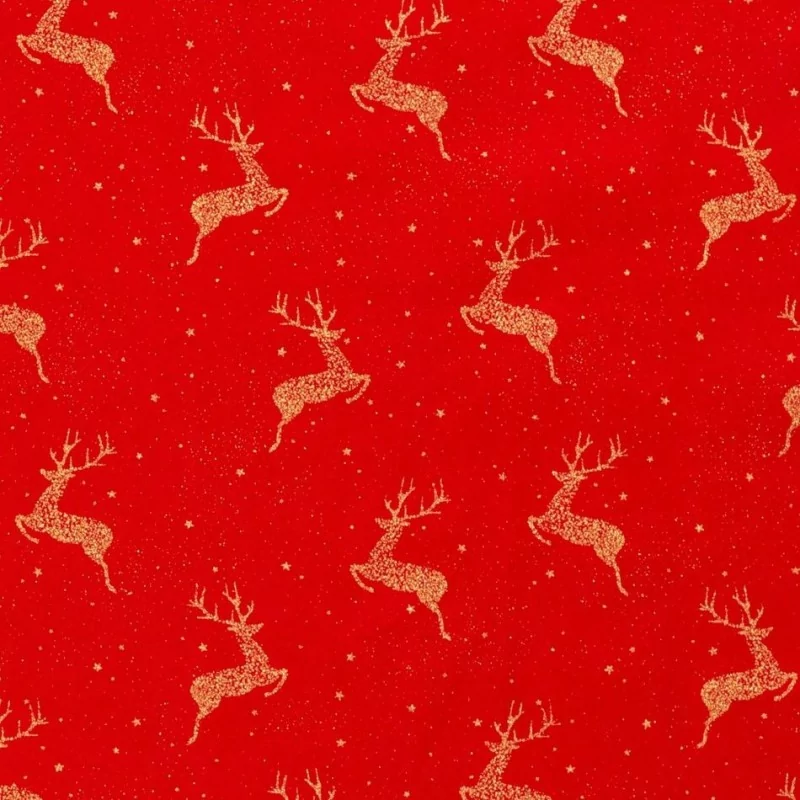 Christmas Fabric  golden reindeer red background |  Wolf Fabrics