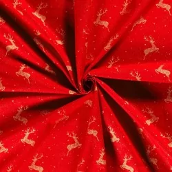 Tela de algodón Reno dorado de Navidad Fondo rojo  | Telas Lobo