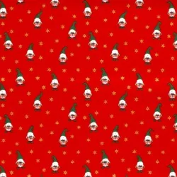 Fabric Christmas elves and golden stars red background