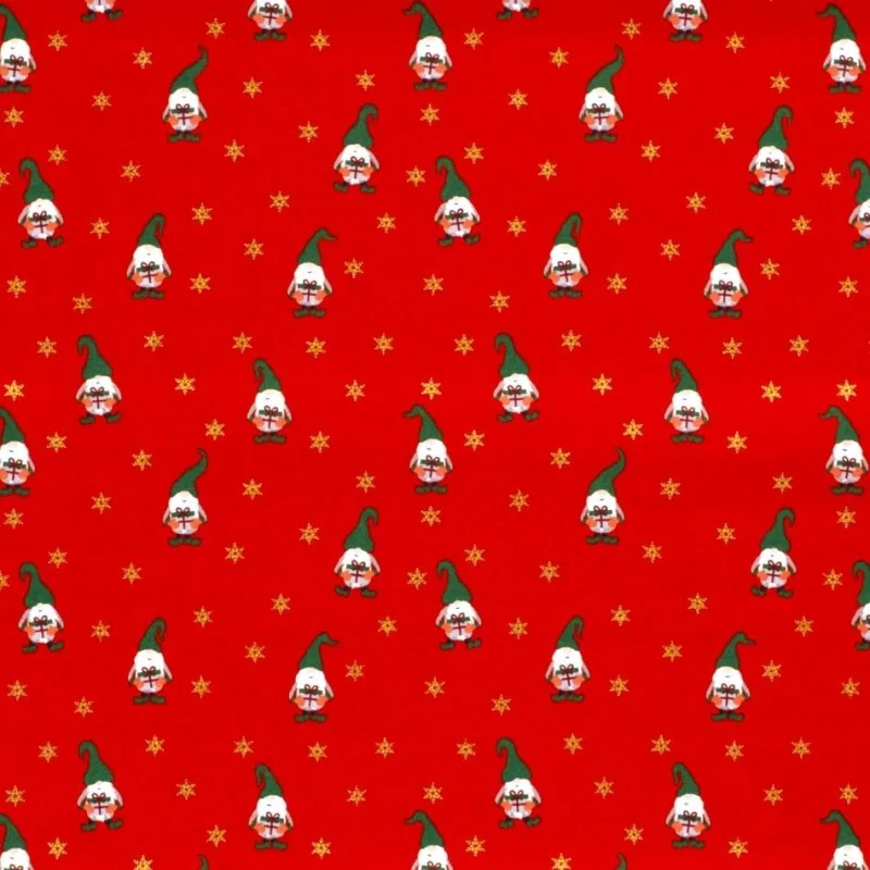 Baumwollstoff Weihnachtswichtel und goldene Sterne roter Hintergrund | Wolf Stoffe