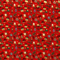 Tecido de Presentes e Bolas de Natal fundo vermelho