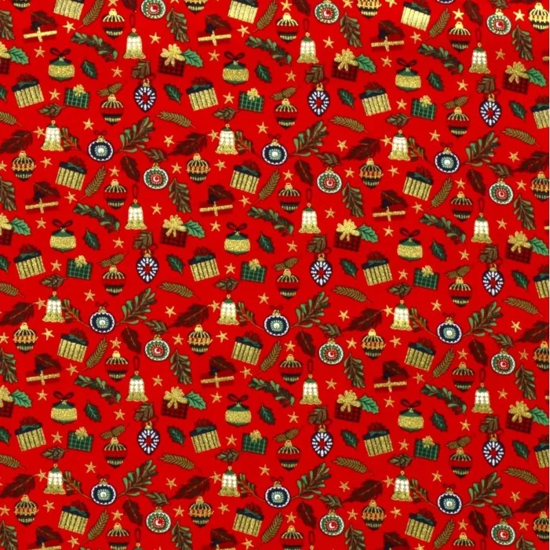 Fabric Cotton Christmas baubles and gifts red background | Wolf Fabrics