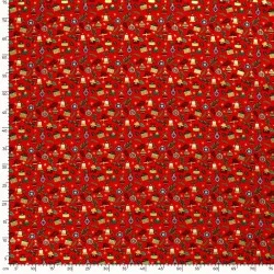 Fabric Cotton Christmas baubles and gifts red background | Wolf Fabrics