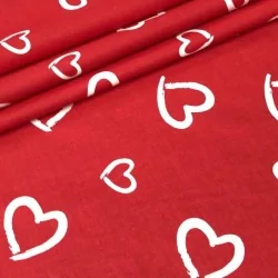 Baumwollstoff Weiße Herzen, roter Hintergrund | Wolf Stoffe
