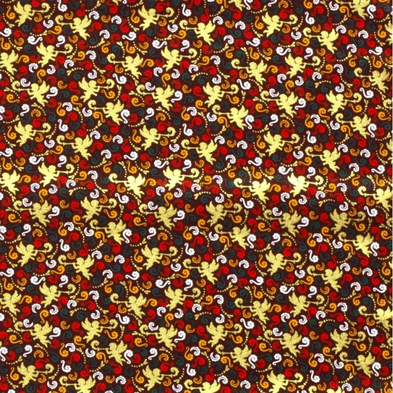 Tela de algodón Ángeles dorados de Navidad fondo burdeos | Telas Lobo