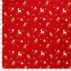 Fabric Cotton Doe Rabbit and Christmas Reindeer red background | Wolf Fabrics