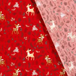 Baumwollstoff Reh Kaninchen und Rentier Weihnachten roter Hintergrund | Wolf Stoffe
