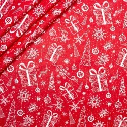 Baumwollstoff Geschenke und Weihnachtsbaum Roter Hintergrund | Wolf Stoffe