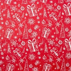 Tessuto di Cotone Regali e Albero di Natale su Sfondo Rosso | Tissus Loup