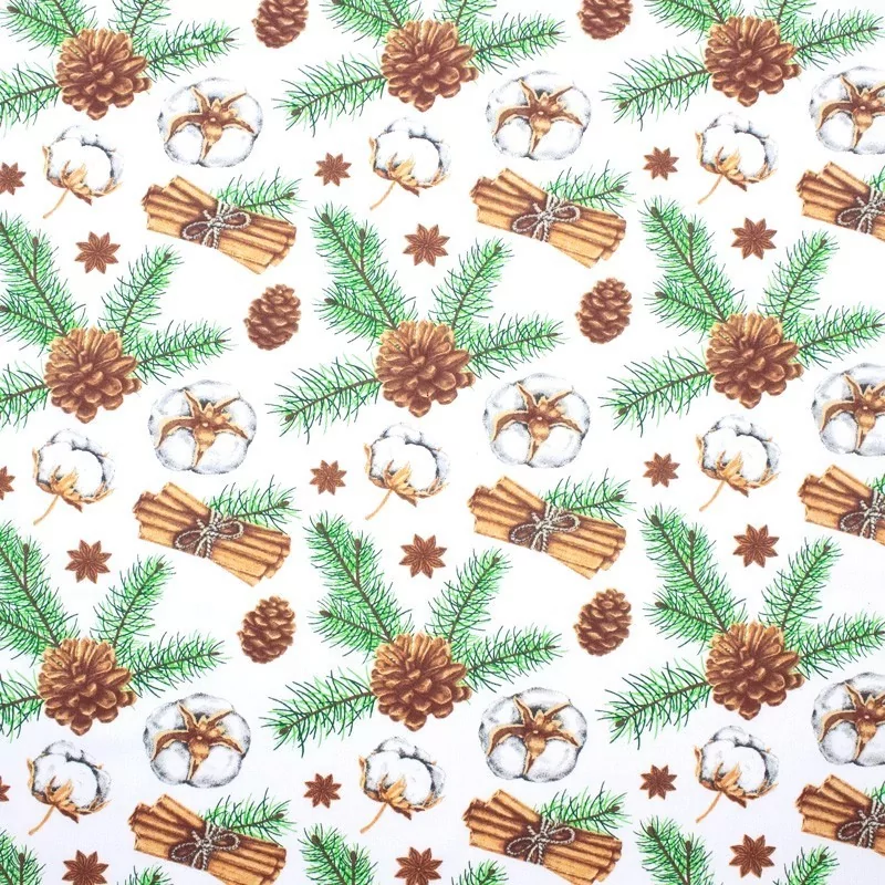 Tecido de Algodão de Natal Flor de Algodão Pinha e Canela | Tissus Loup