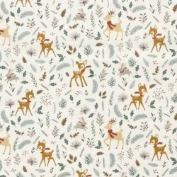 Tissu Biche Lapin et Renne de Noël fond Blanc