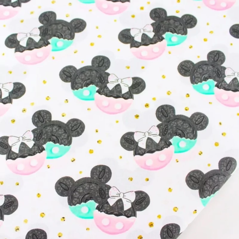 Tecido de Algodão Minnie e Mickey Mouse Rosa e Menta | Tissus Loup