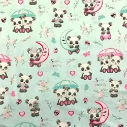 Tecido de Algodão Pandas Apaixonados Fundo Verde Menta | Tissus Loup