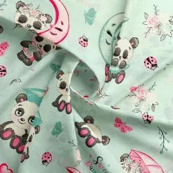 Cottton Fabric Pandas in Love mint green background | Wolf Fabrics