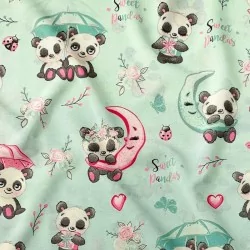 Katoenen Stof Verliefde panda's mintgroene achtergrond | Wolf Stoffen
