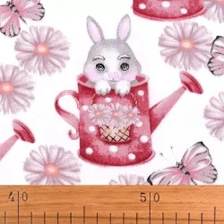 Tessuto di Cotone Coniglio e Annaffiatoio Rosa | Tissus Loup
