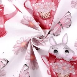Tela de algodón Conejo y Regadera Rosa | Telas Lobo
