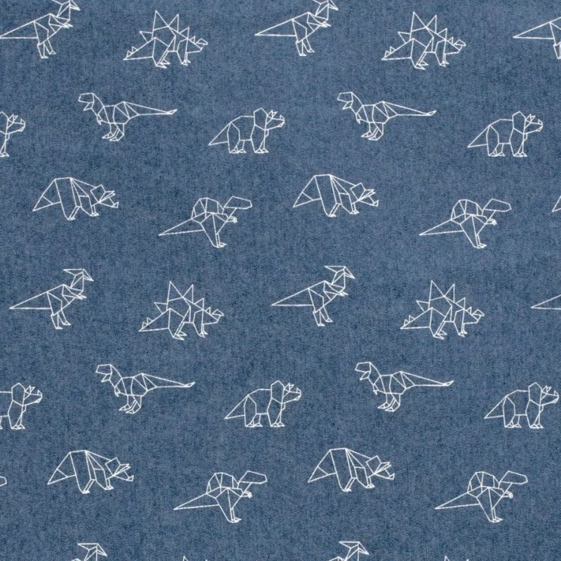 Tessuto Jeans stretch blu chiaro dinosauri origami | Tissus Loup