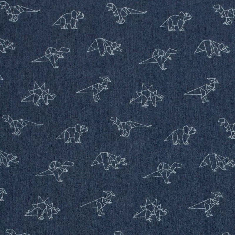 Tissu Jean stretch bleu foncé dinosaures origami | Tissus Loup