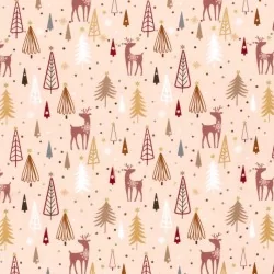 Tissu Coton Rennes de Noël et Sapins fond rose poudré | Tissus Loup