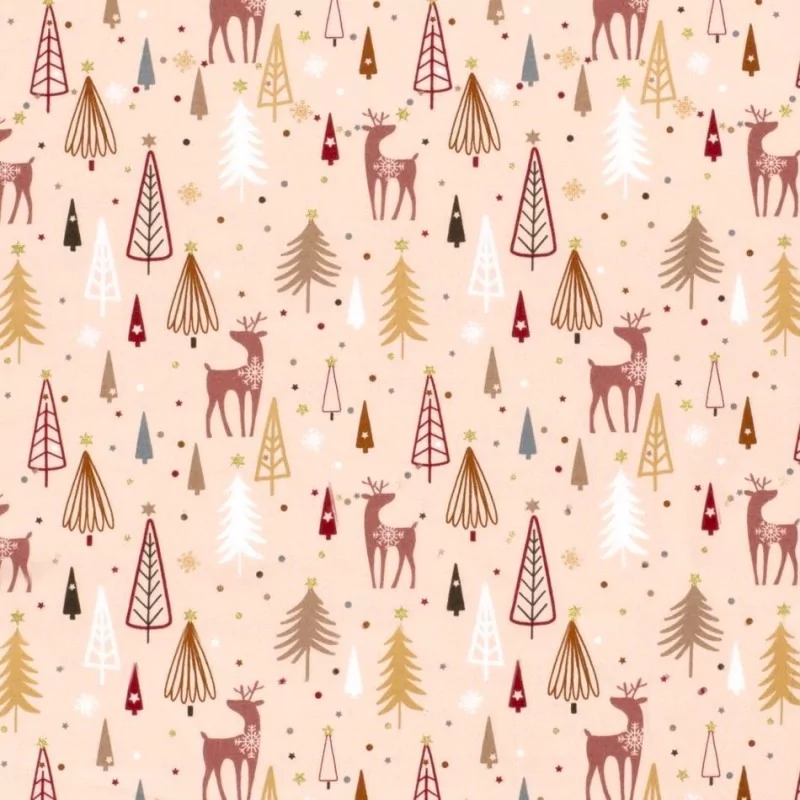 Fabric Cotton Christmas reindeer and fir tree powder pink background |  Wolf Fabrics