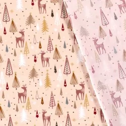 Tela de Algodón de Renos y abetos navideños sobre fondo rosa empolvado  | Telas Lobo