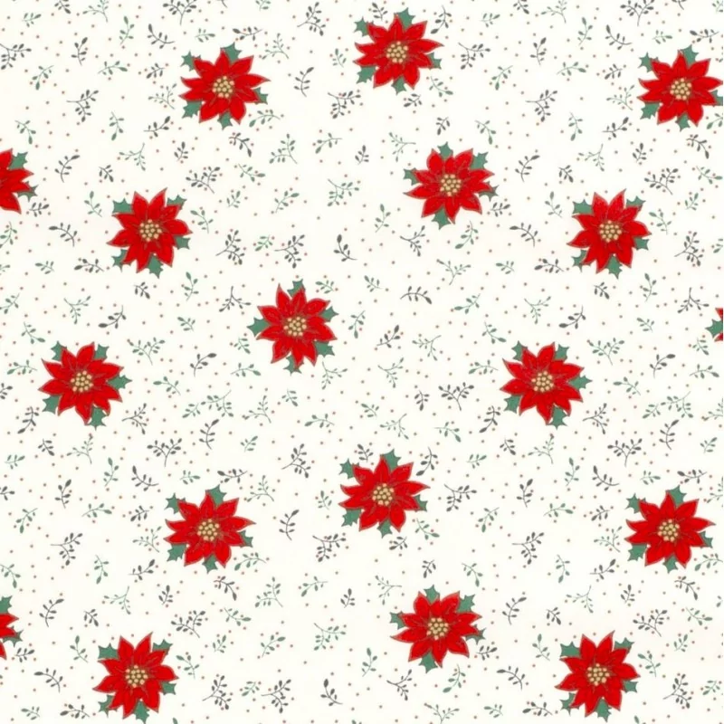 Fabric Cotton Christmas red star flower white background |  Wolf Fabrics