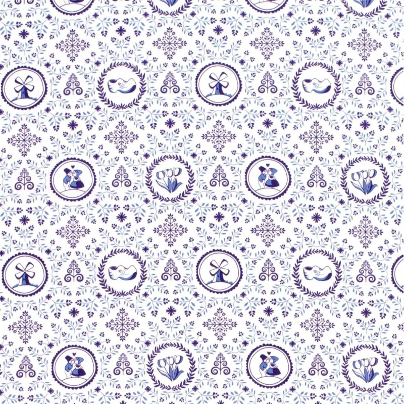 Tela de algodón  Cerámica de Delft motivos holandeses en azul y blanco | Telas Lobo