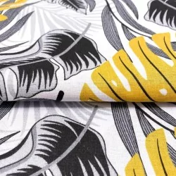 Baumwollstoff Schwarze und senfgelbe Monstera-Blätter | Wolf Stoffe
