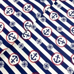 Tecido Listras Azul Marinho Âncoras e Rosa dos Ventos