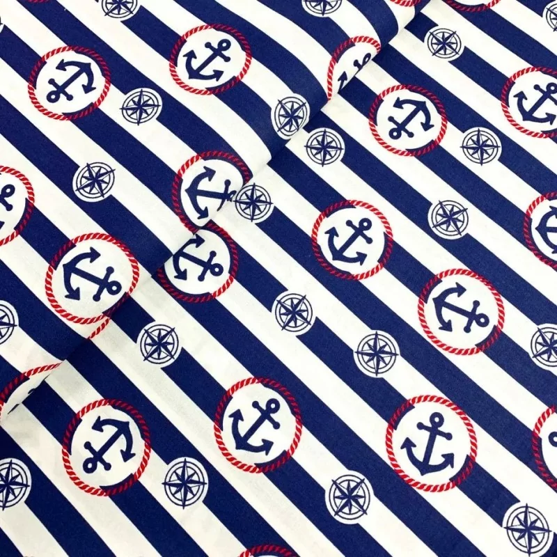 Tessuto a Righe di Cotone Blu Navy Ancore e Rosa dei Venti | Tissus Loup
