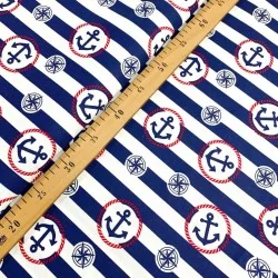 Tissu Coton Rayures Bleu Marine Ancres et Rose des Vents | Tissus Loup