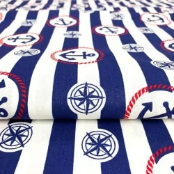 Baumwollstoff Streifen Marineblau Anker und Kompassrose | Wolf Stoffe