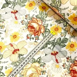 Tessuto di Cotone Rose Hibiscus e Fiori Gialli | Tissus Loup