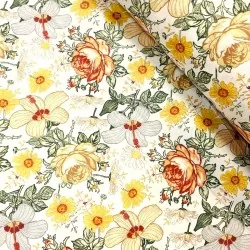 Tessuto di Cotone Rose Hibiscus e Fiori Gialli | Tissus Loup
