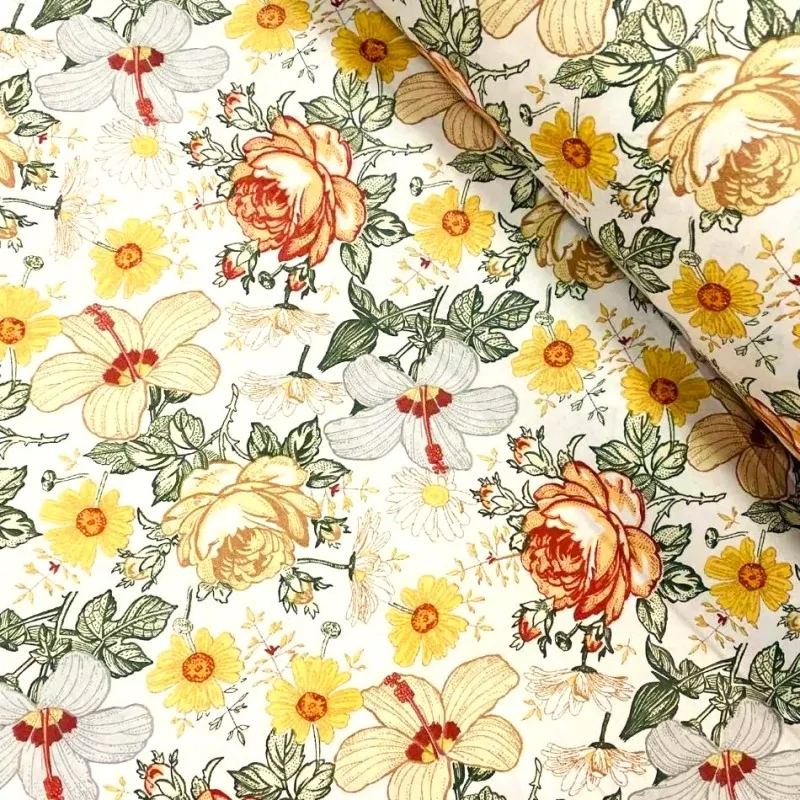 Tessuto di Cotone Rose Hibiscus e Fiori Gialli | Tissus Loup