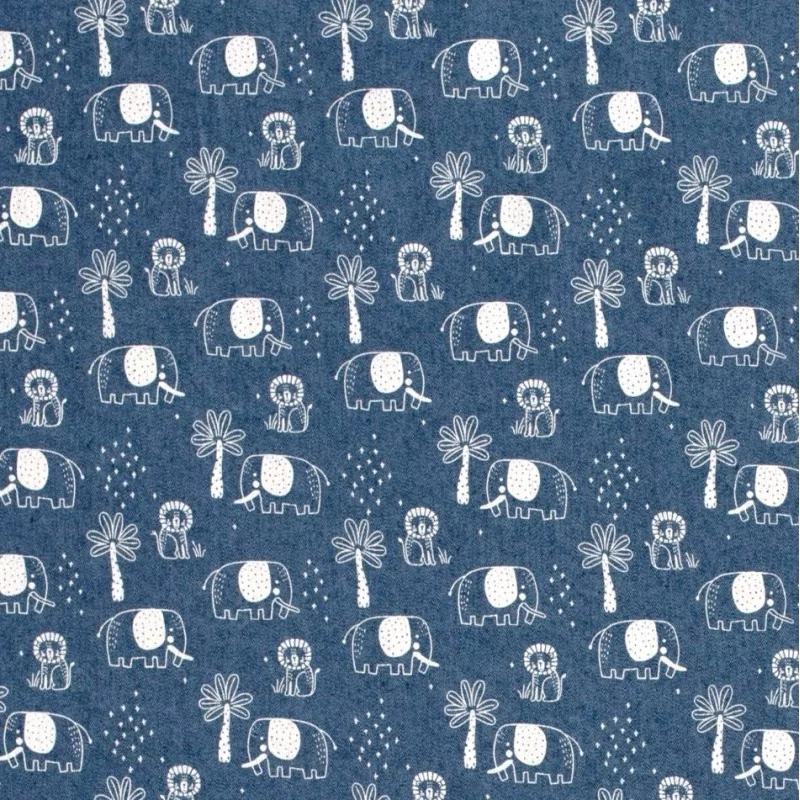 Tissu Jean stretch imprimé bleu clair Éléphant Lion et Palmier | Tissus Loup